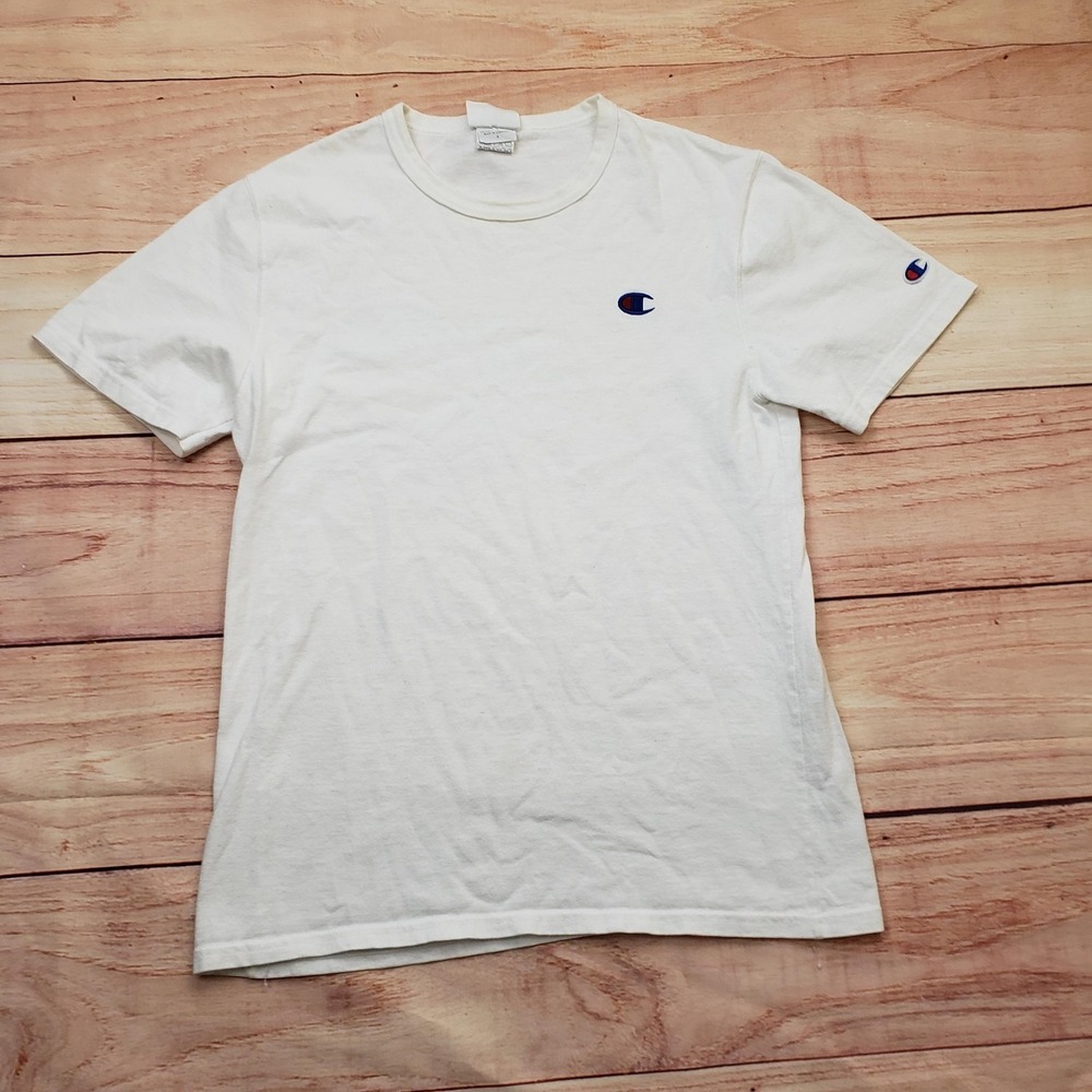 Champion Shirt Mens Small White Cotton Crewneck Embroidered C Logo Tee Top